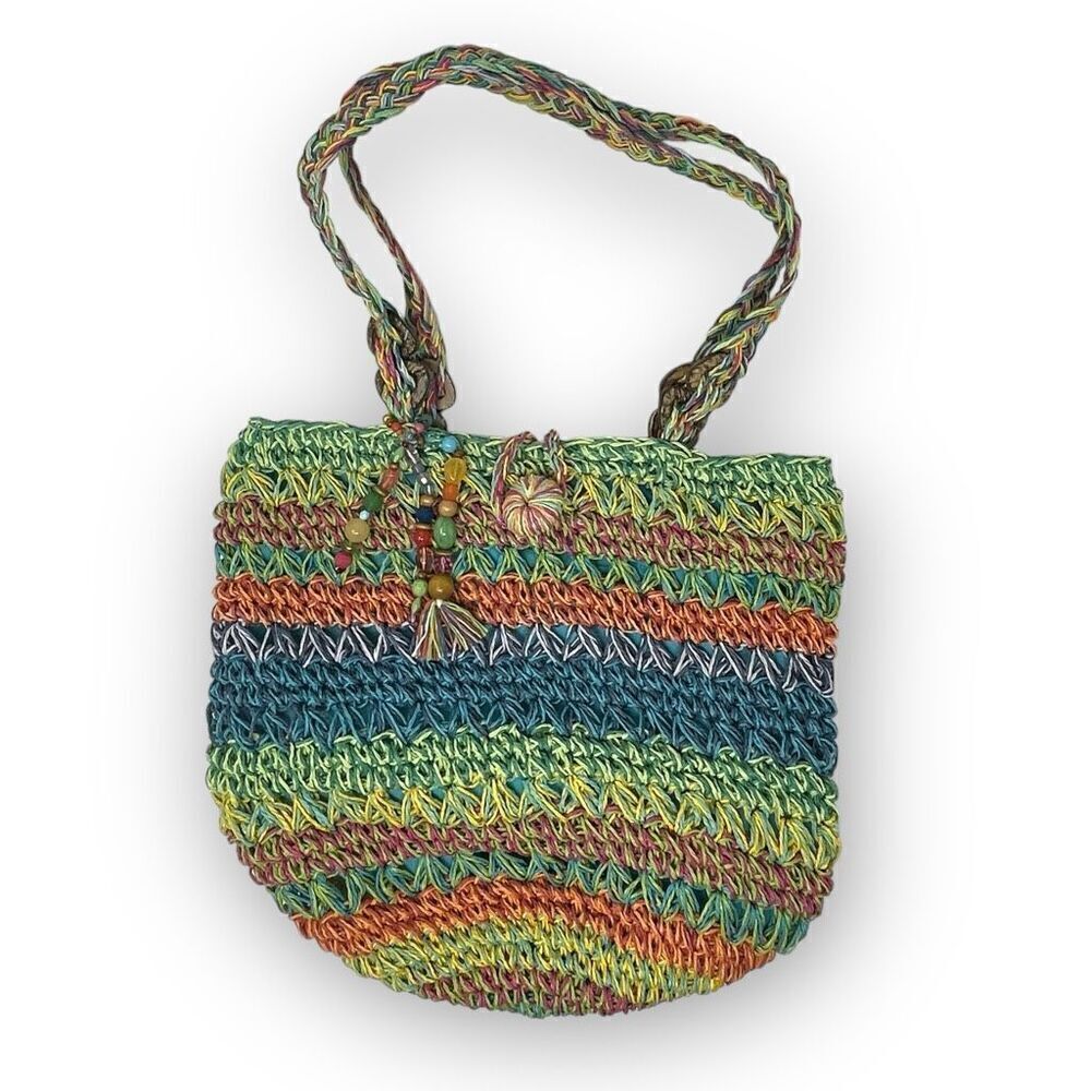 Cappelli Straworld Inc Rainbow Multicolored Boho Straw Woven Shoulder Bag Purse